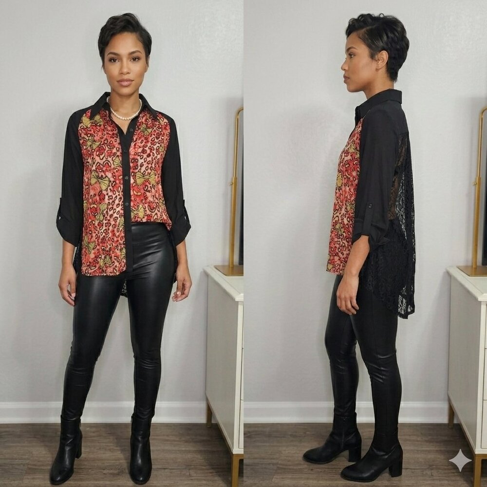 NEW Deco Button Down Long Back Lace Blouse - Size Small - Picture 2 of 6